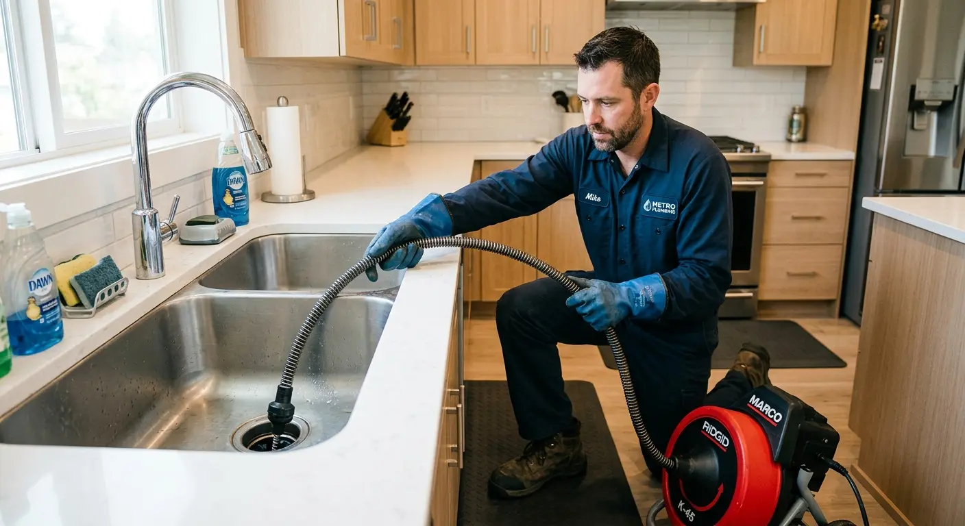 Drain cleaning technician using a motorized snake on a kitchen sink in Libertyville