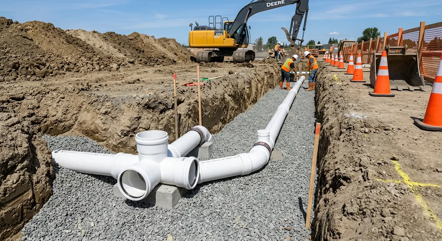 New PVC sewer pipe installation in open trench for Sewer Backup in Libertyville