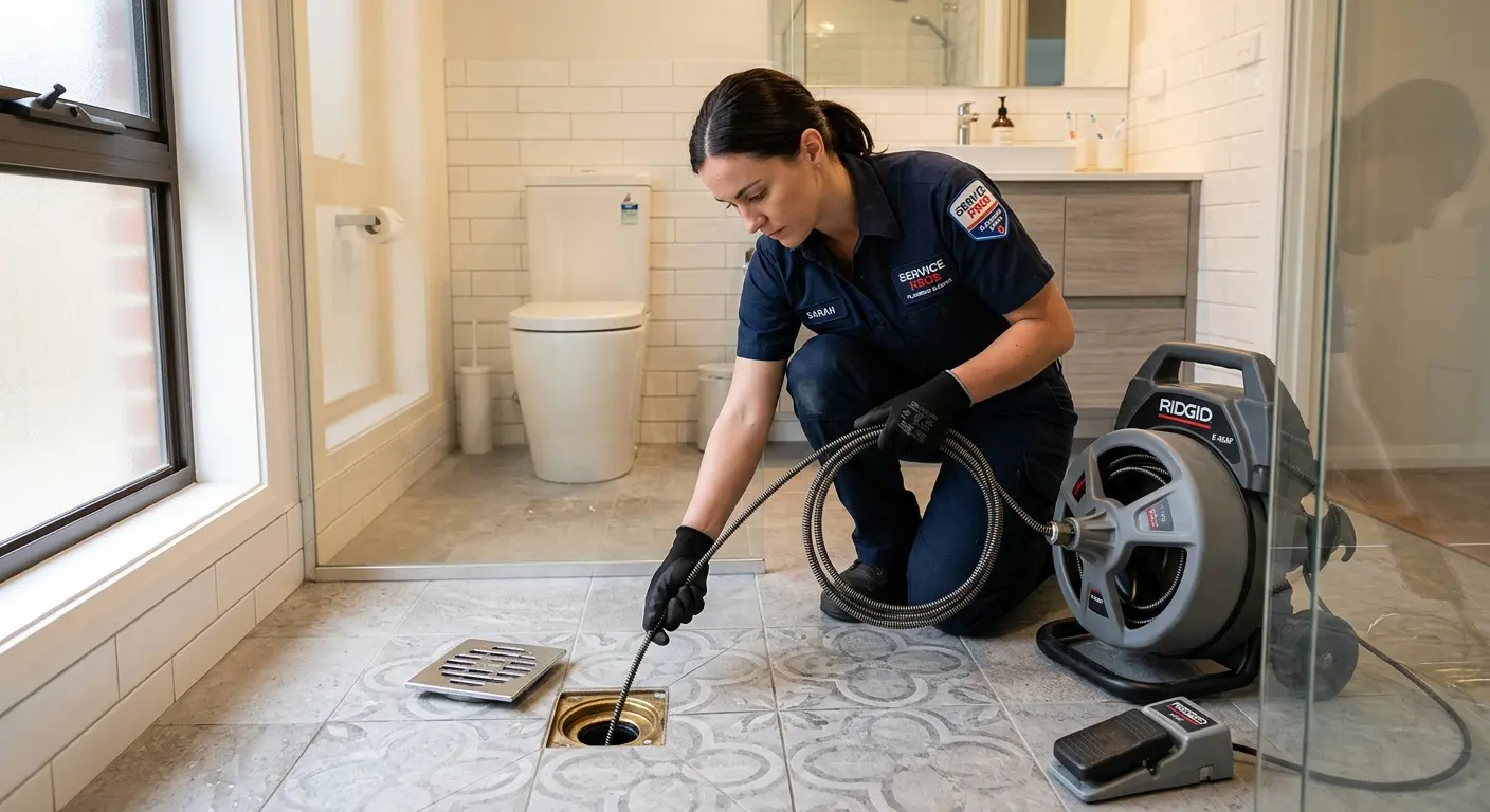 Technician clearing a bathroom floor drain for Sewer Line Replacement in Libertyville